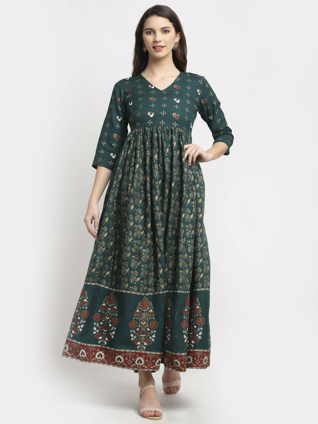 Rudra Bazaar Floral Printed A-Line Flared Green Kurti - Distacart