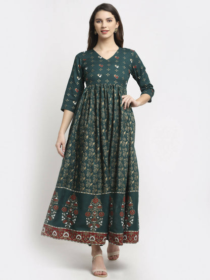Rudra Bazaar Floral Printed A-Line Flared Green Kurti - Distacart