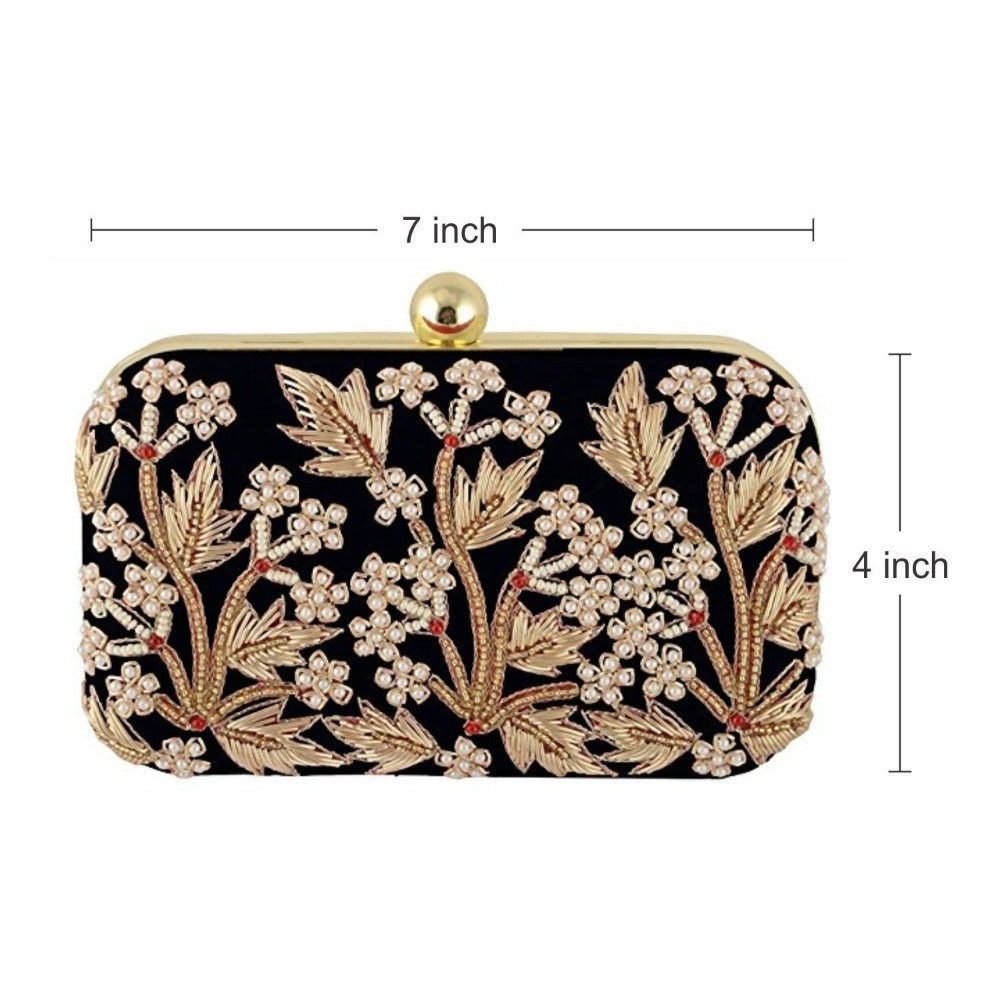 Jaishri Handicrafts Pearl Floral Clutch Carbon Black