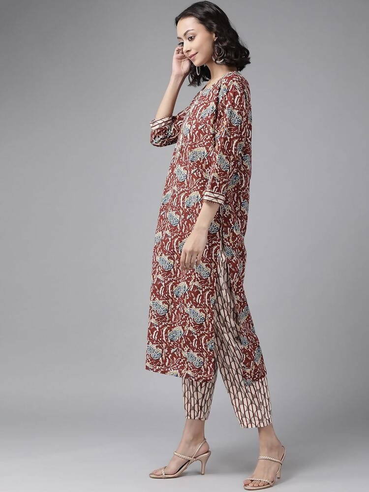 Yufta Women Maroon Pure Cotton Ethnic Motifs Printed Kurta with Palazzo & Dupatta