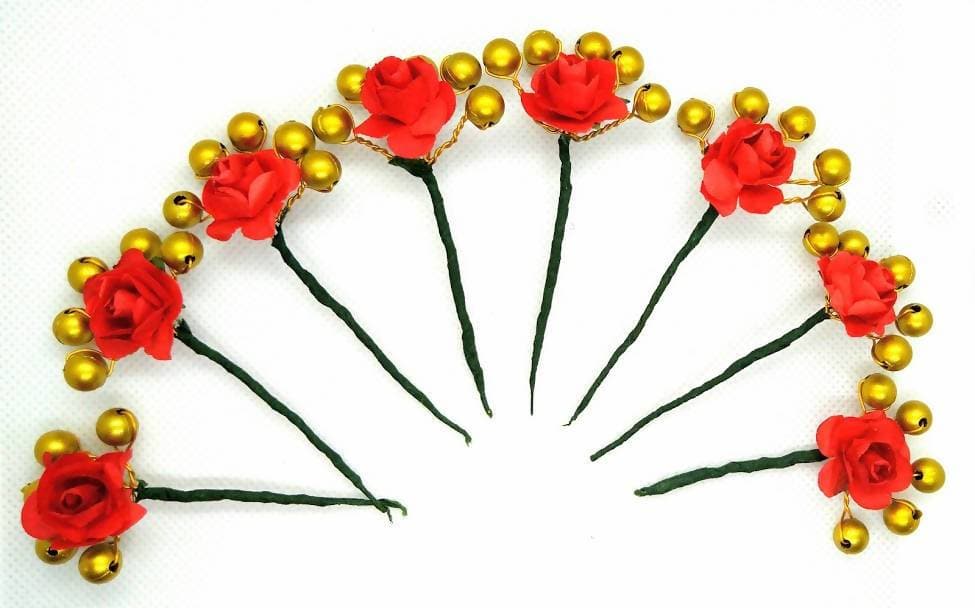 Red Rose Flower With Gold Beaded Hair Brooches (Set of 8 Brooches)