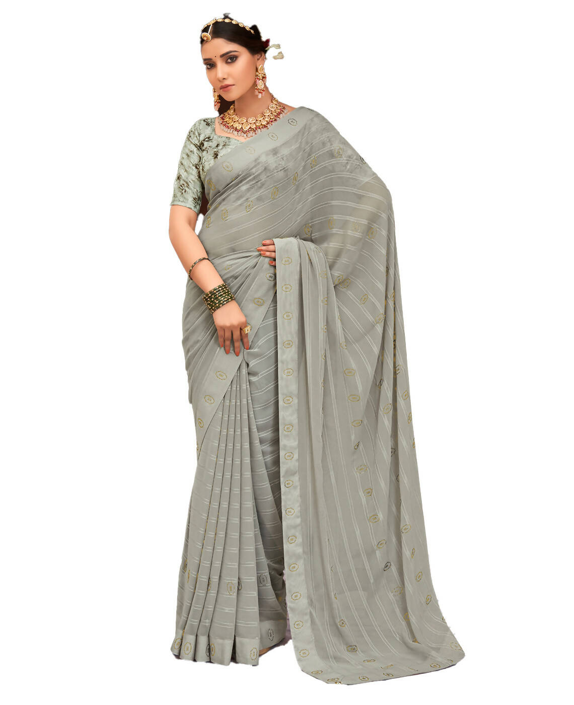 Grey Georgette Swaroski Work Saree With Unstitched Blouse Piece - Juhi - Distacart