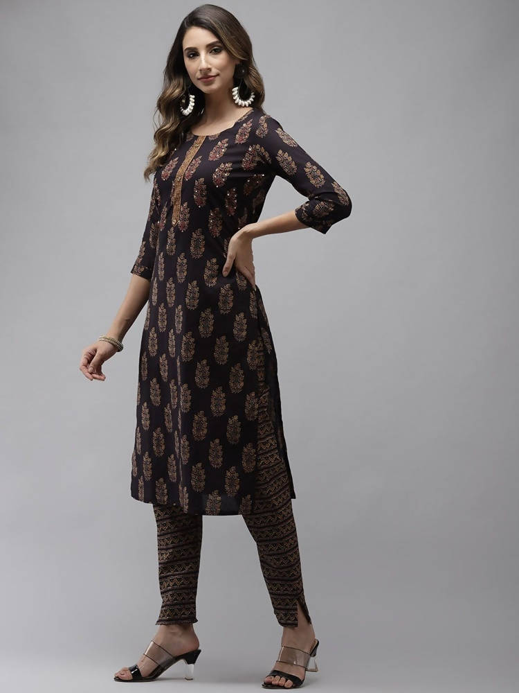 Yufta Women Navy Blue Sequinned Pure Cotton Kurta with Trouser