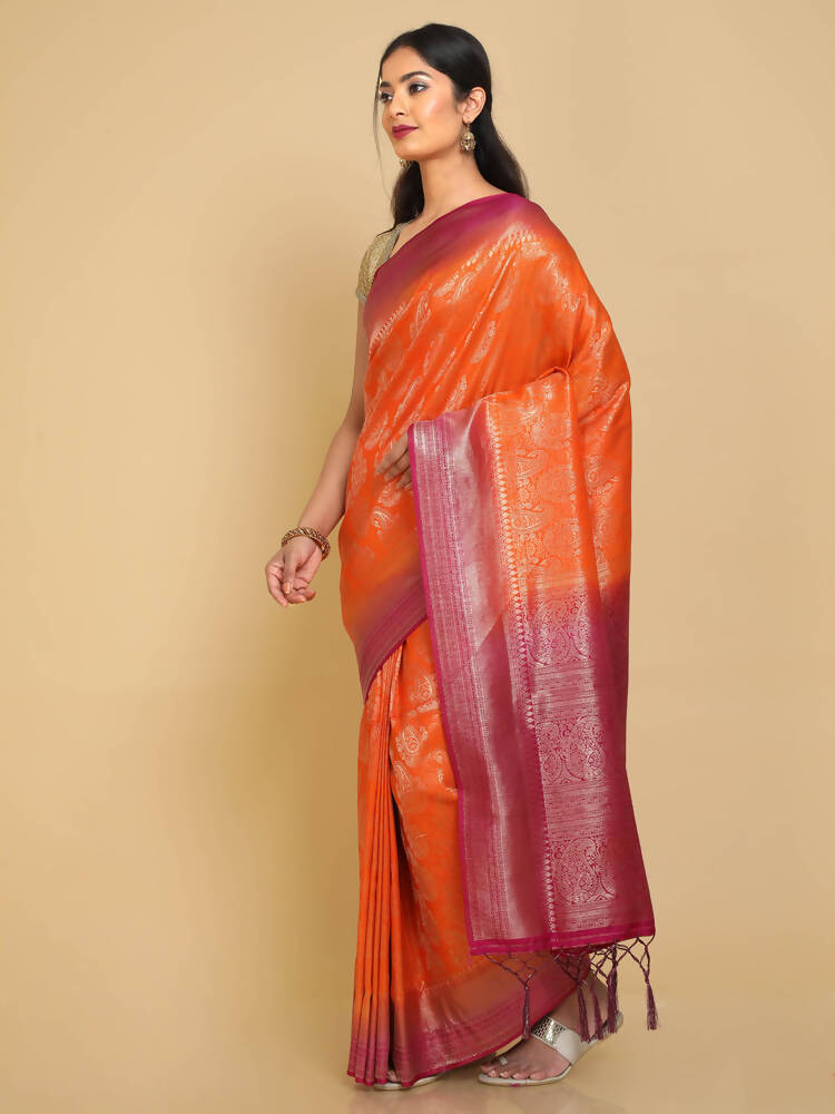 Kalamandir Ethnic Motifs Orange Silk Blend Saree