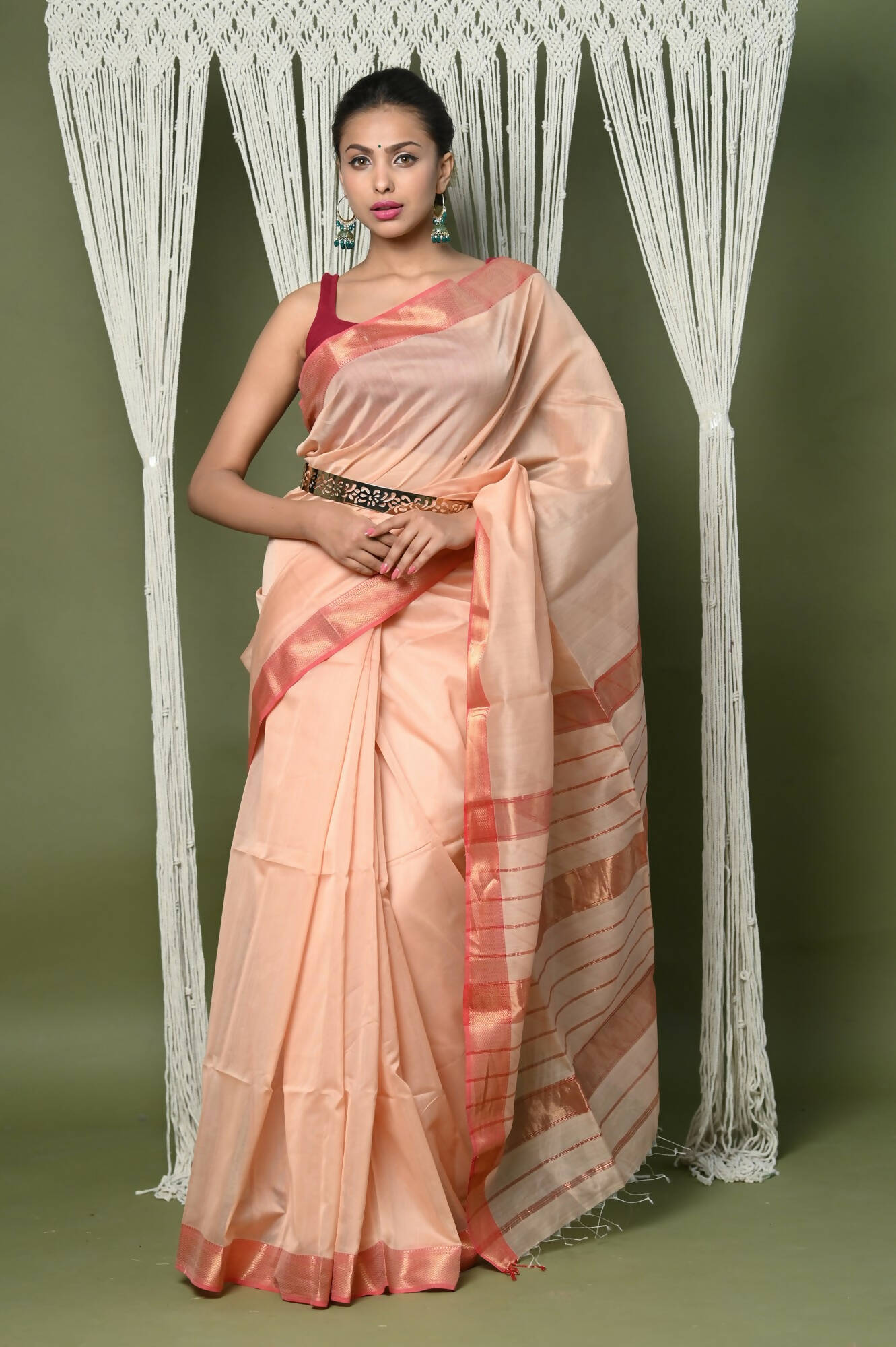 Very Much Indian Handloom Cotton Silk Maheshwari Saree With Sleek Golden Border - Beige - Distacart