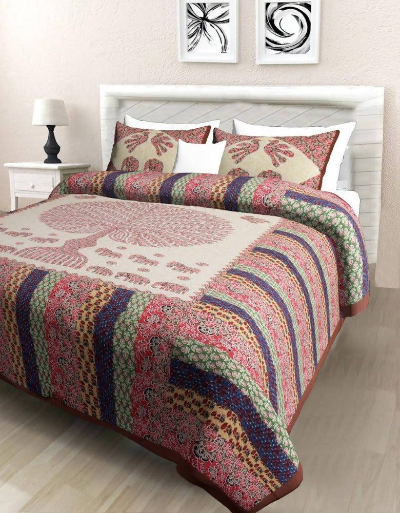 Vamika Printed Cotton Tree Stripe Brown Bedsheet With Pillow Covers 