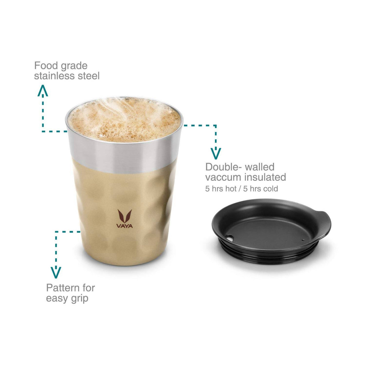 Vaya Popcup Insulated Coffee Mug Tumbler With Lid - 250 ml (Gold) - Distacart