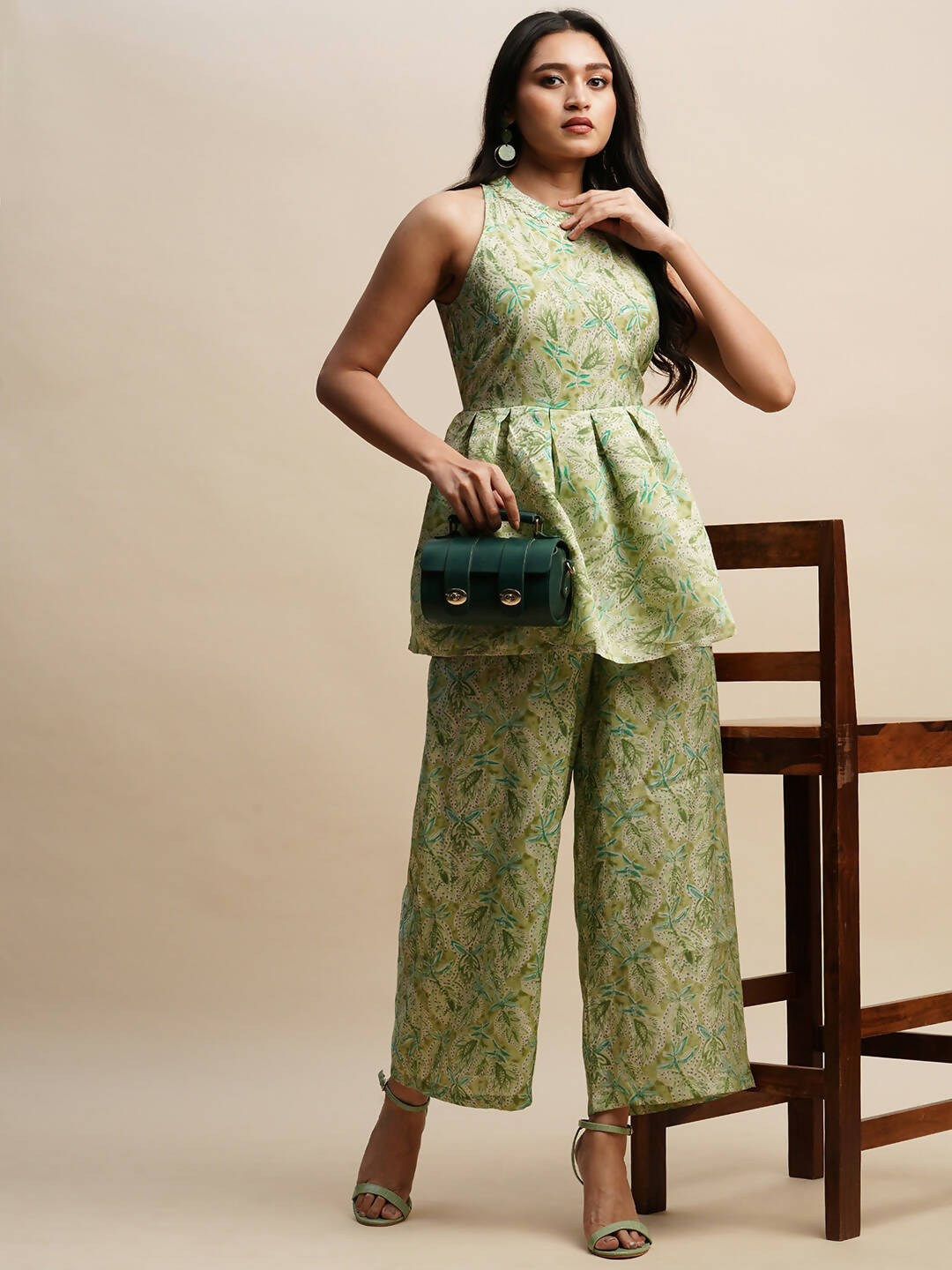 Green Poly Rayon Floral Printed Top with Matching Trouser - Shivani - Distacart