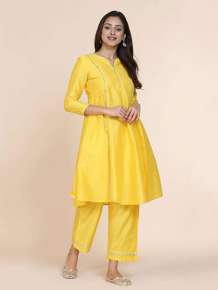 Cheera Women's Yellow Silk Blend With Gota Work Frock Dress With Silk Straight Pant Set - Distacart