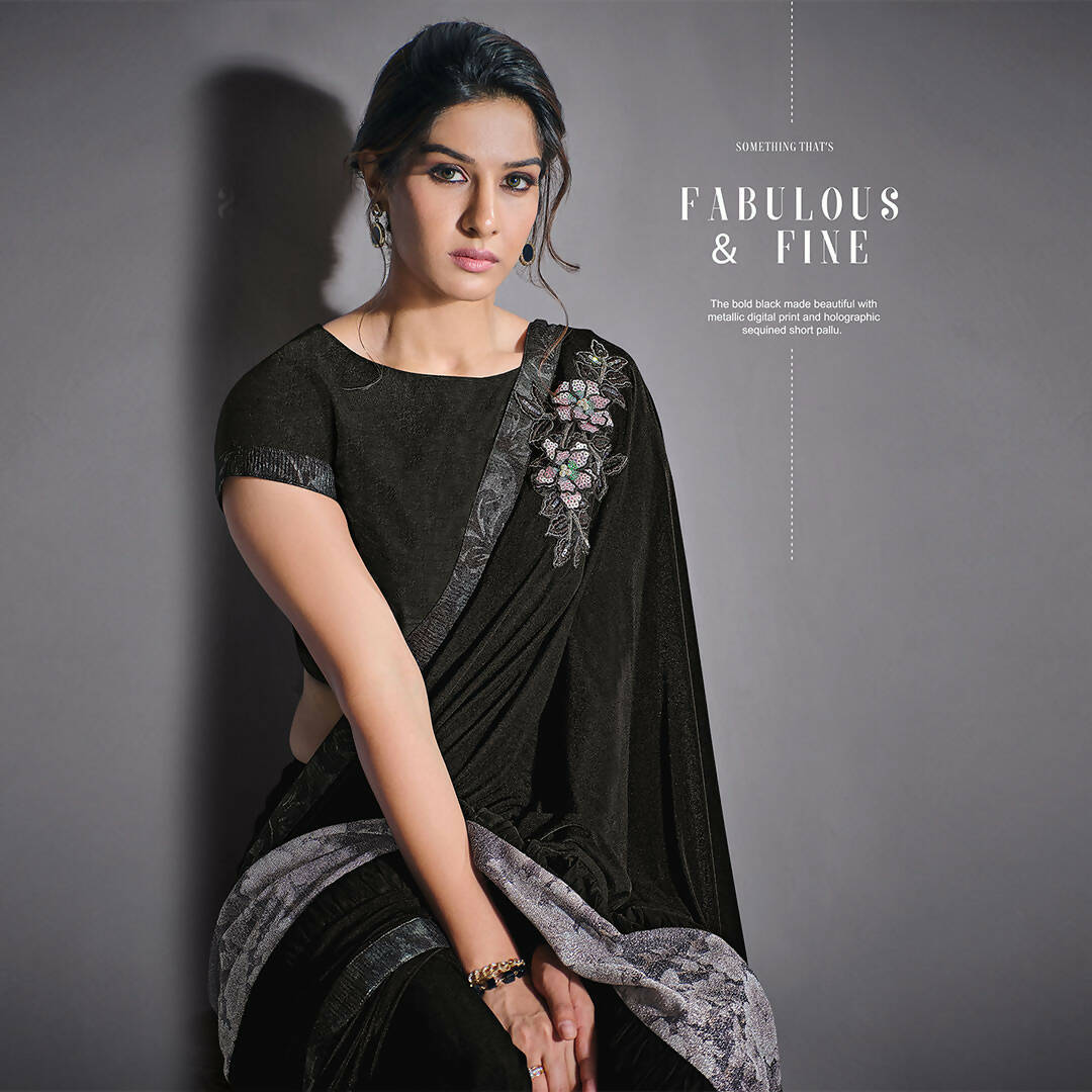 Black Lycra Raw Silk Multi-Colored Sequins Embroidery, Handwork Butta Saree - Norita Eileen - Distacart