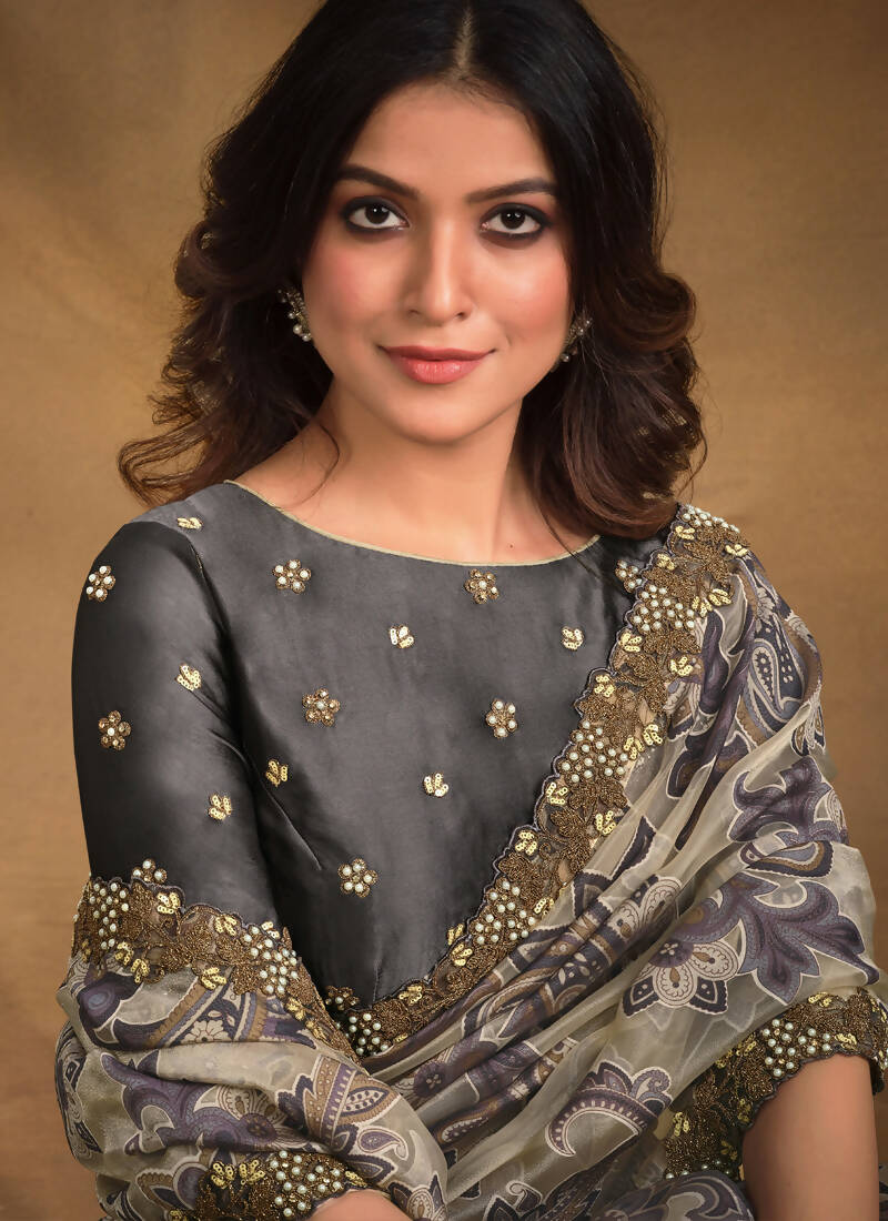 Grey Burning Tissue Designer Saree with Unstitched Blouse - Norita Mahitha - Distacart