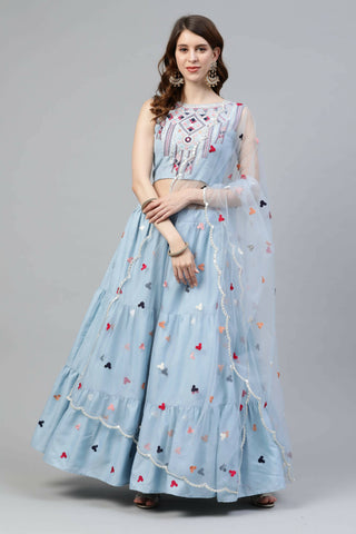 Sky Blue Cotton Embroidered Work Lehenga Choli with Dupatta - Jivika - Distacart