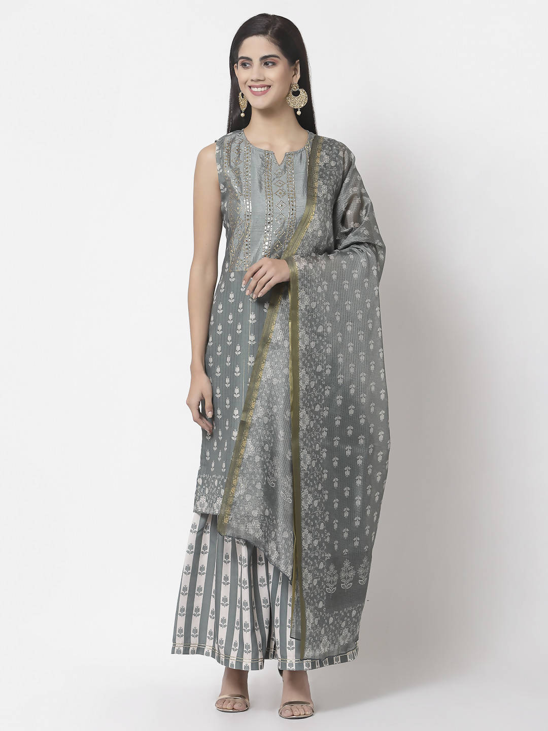 Myshka Women Grey Cotton Blend Printed Sleeveless Round Neck Kurta With Sharara & Dupatta Set