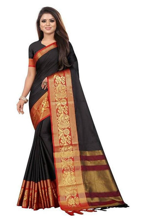 Vamika Banarasi Cotton Silk Weaving Black Saree (DOCTOR MOR BLACK)