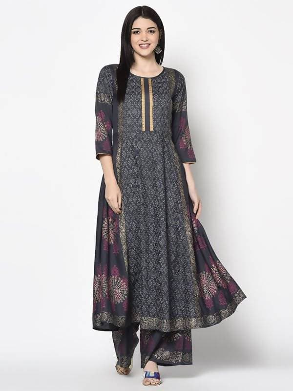 Aniyah Rayon Dark Grey Color Block Print Anarkali Palazzo Set (AN-199K)