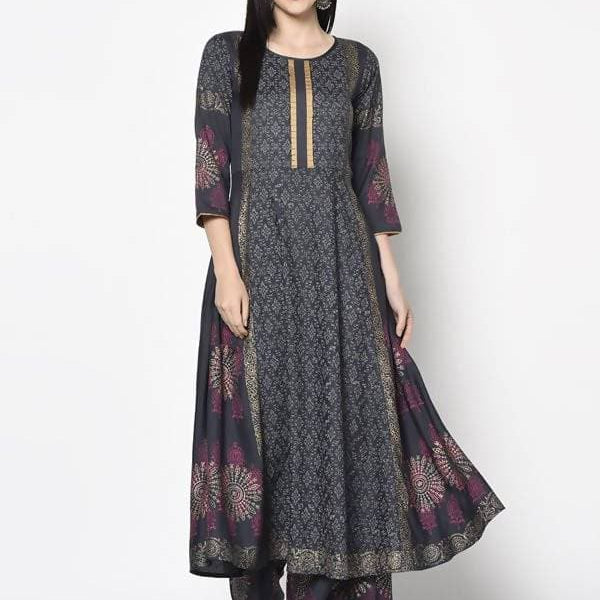 Aniyah Rayon Dark Grey Color Block Print Anarkali Palazzo Set (AN-199K)
