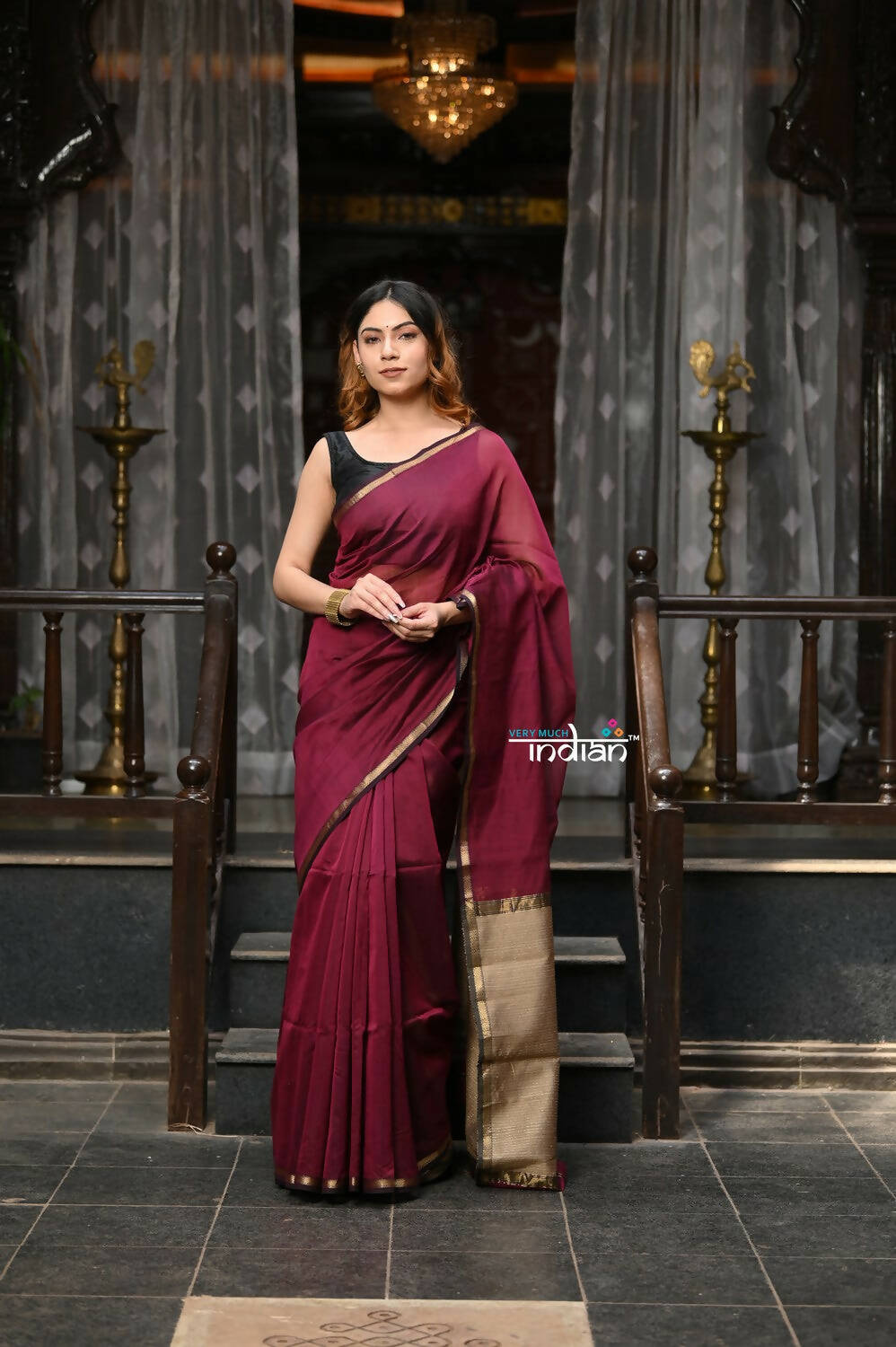 Very Much Indian VMI Exclusive Designer! Handloom Cotton Silk Saree With Sleek Golden Border - Maroon Shade - Distacart