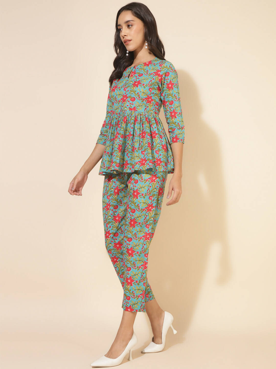 Janasya Women's Blue Cotton Printed Casual Peplum Co-ords - Distacart