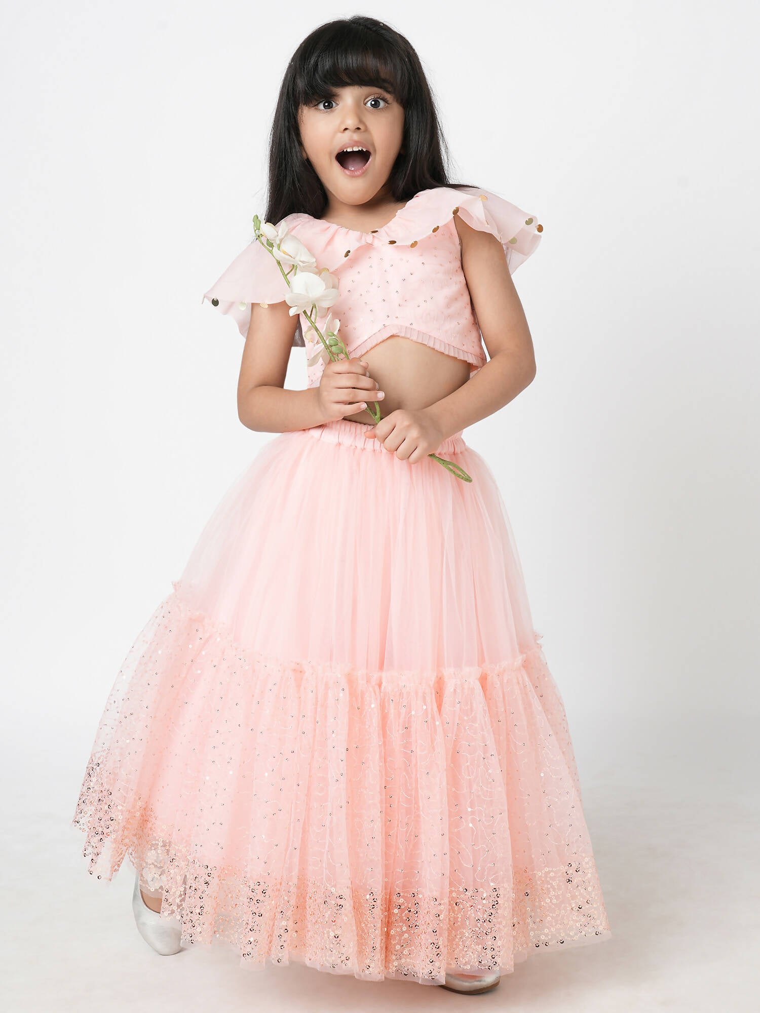 Lil Drama Paris Nights Girls Peach Sequin Embroidered Lehanga Choli - Distacart