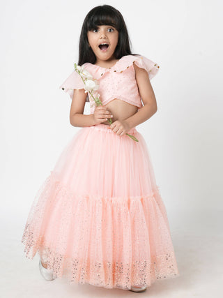 Lil Drama Paris Nights Girls Peach Sequin Embroidered Lehanga Choli - Distacart