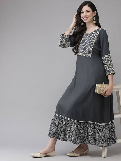 Yufta Grey Embroidered Ethnic Maxi Dress