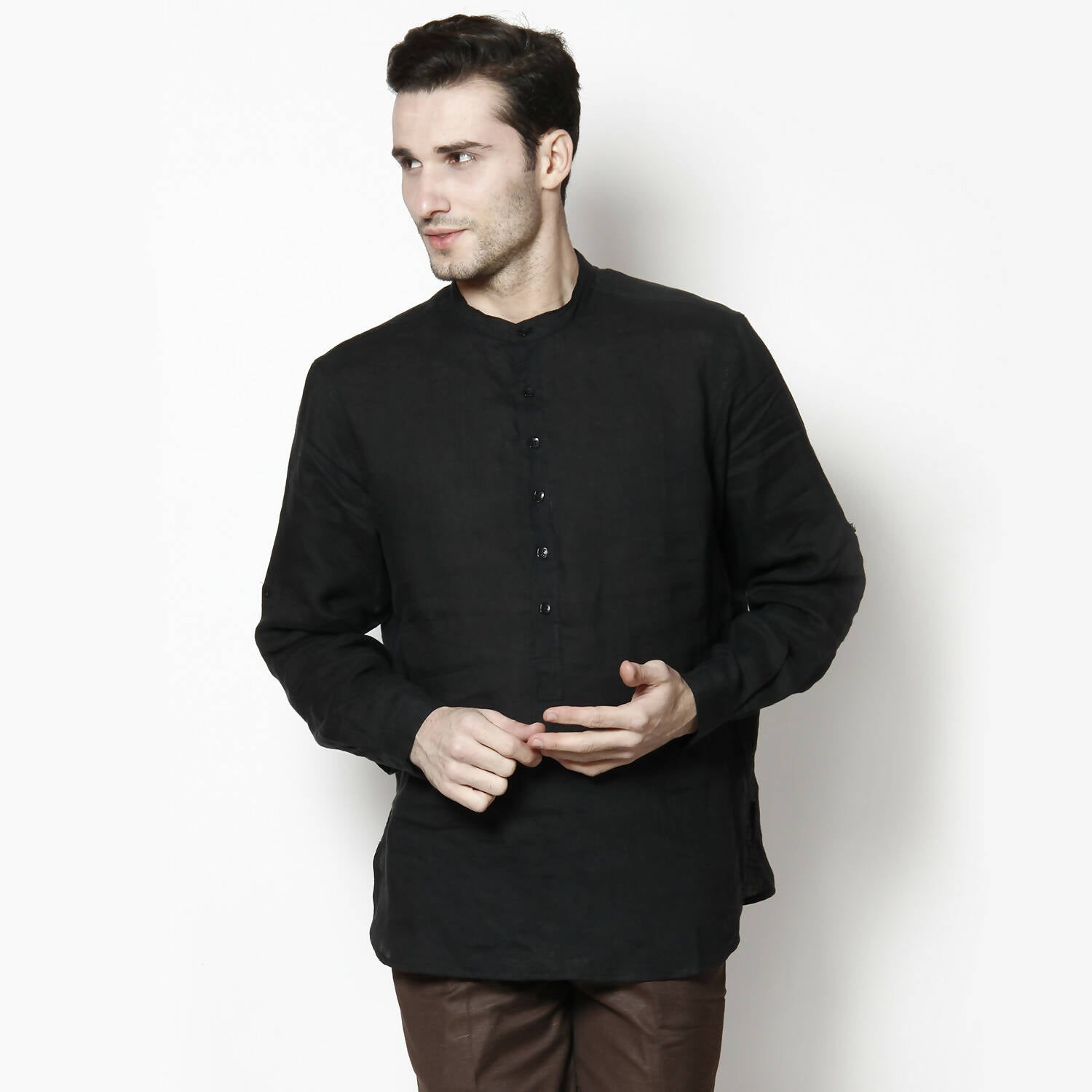 Even Apparels Black Linen Linen Men's Kurta With Band Collar - Distacart