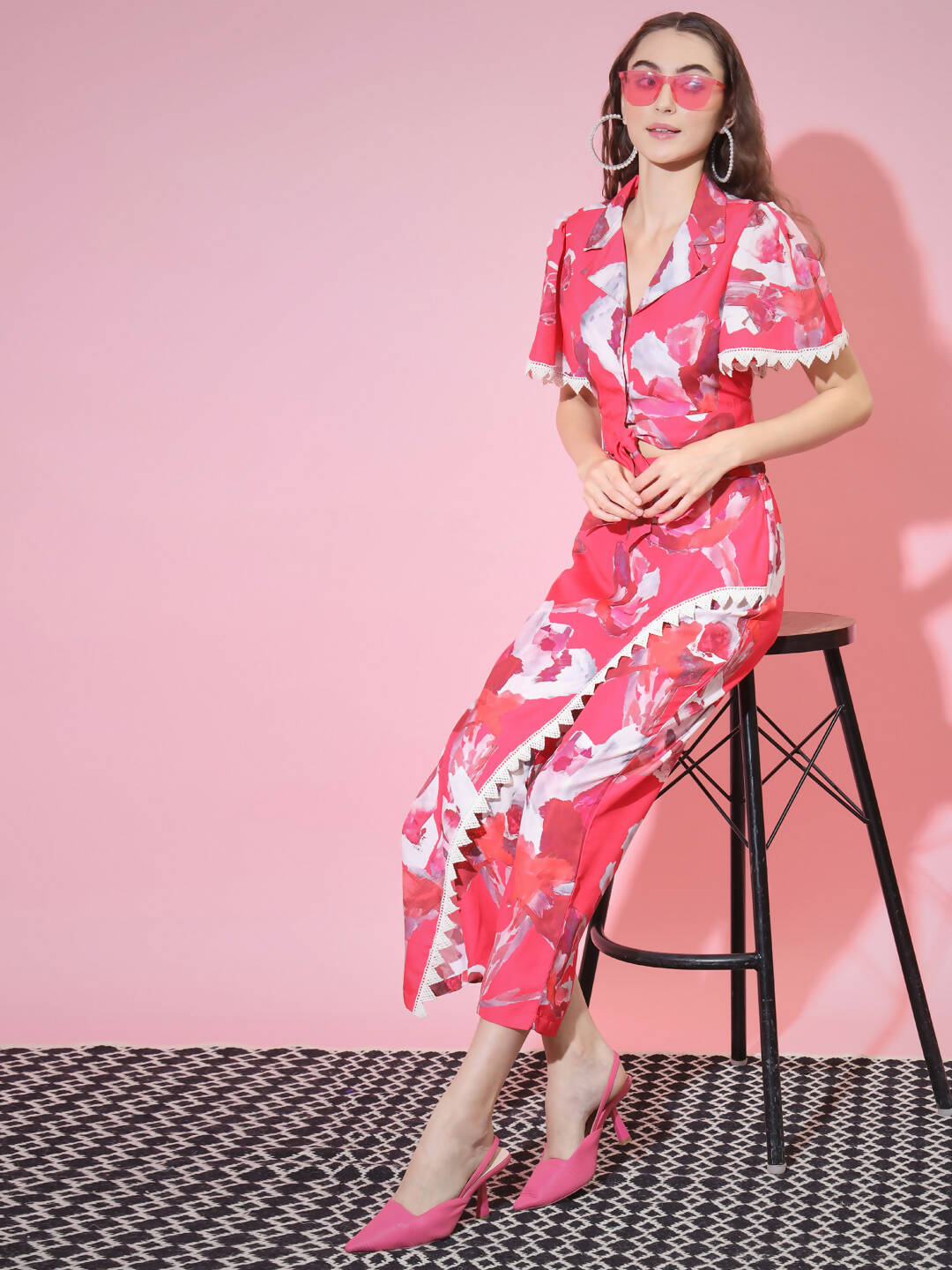 Myshka Women's Pink Shawl Neck Top With Trousers - Distacart