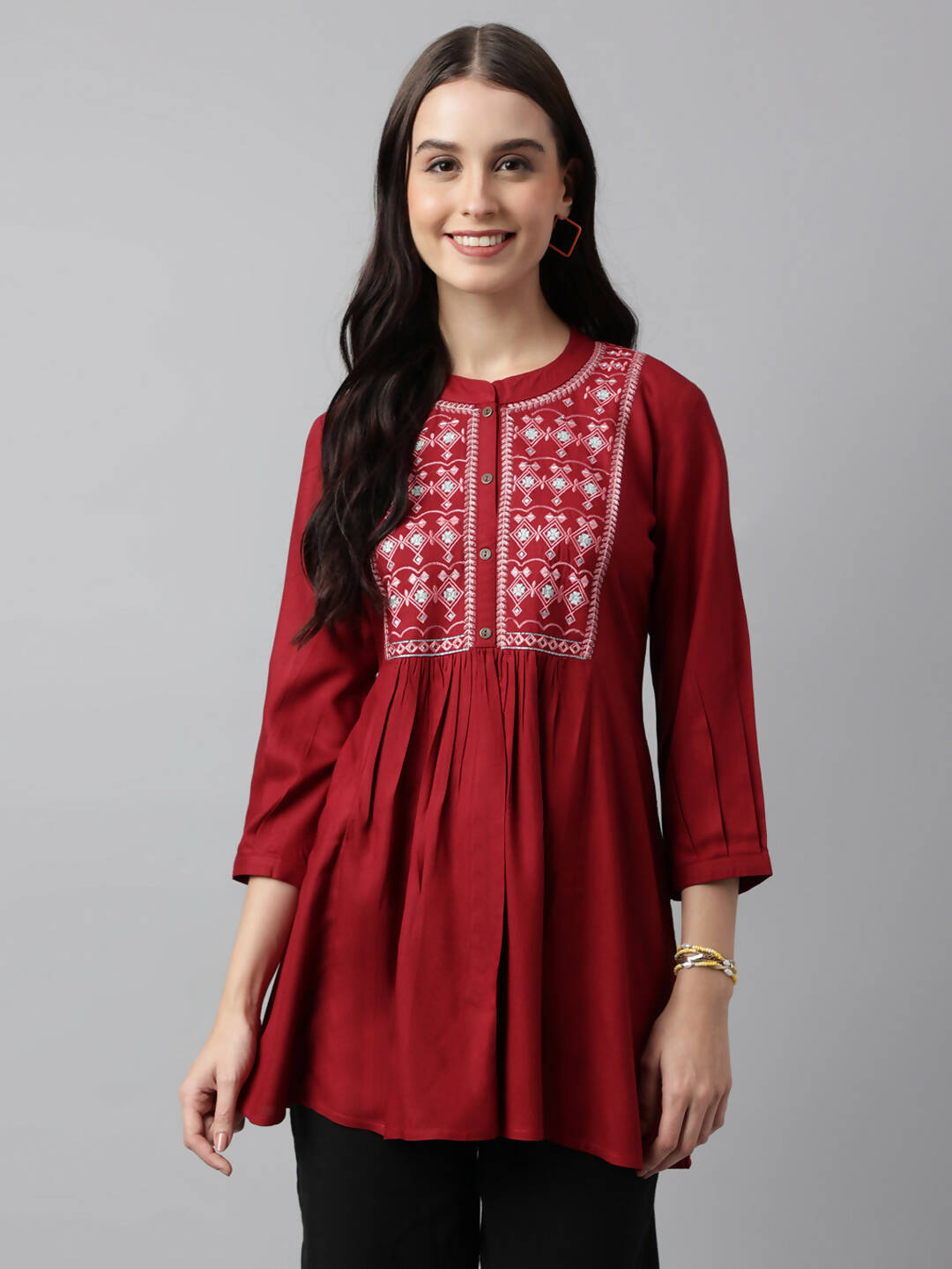Red Rayon Yoke Embroidered A-line Top - Tarini - Distacart