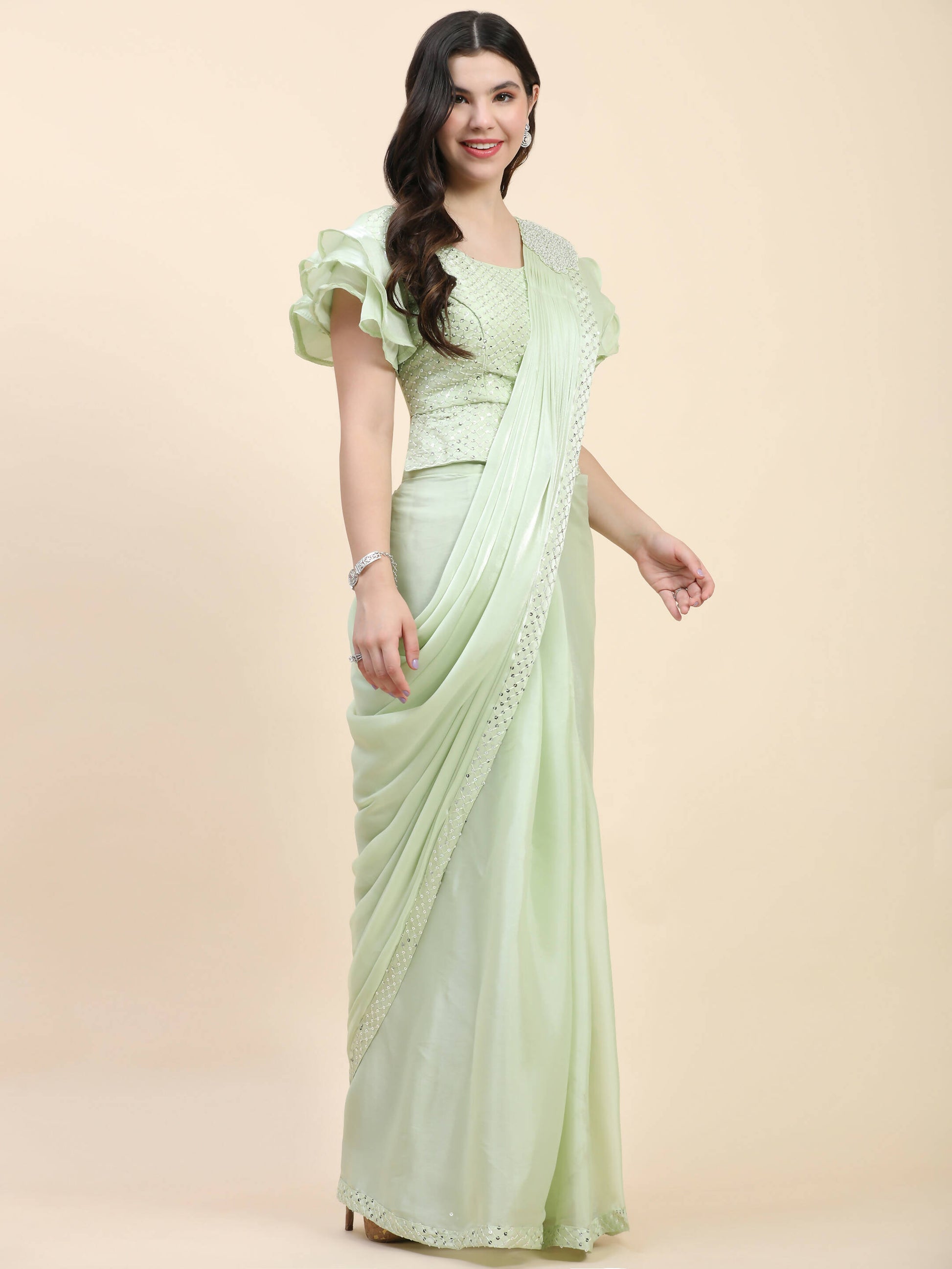 Light Green Silk Satin Sequence Work Ready to Wear Saree with stitched Blouse - Nirvana - Distacart