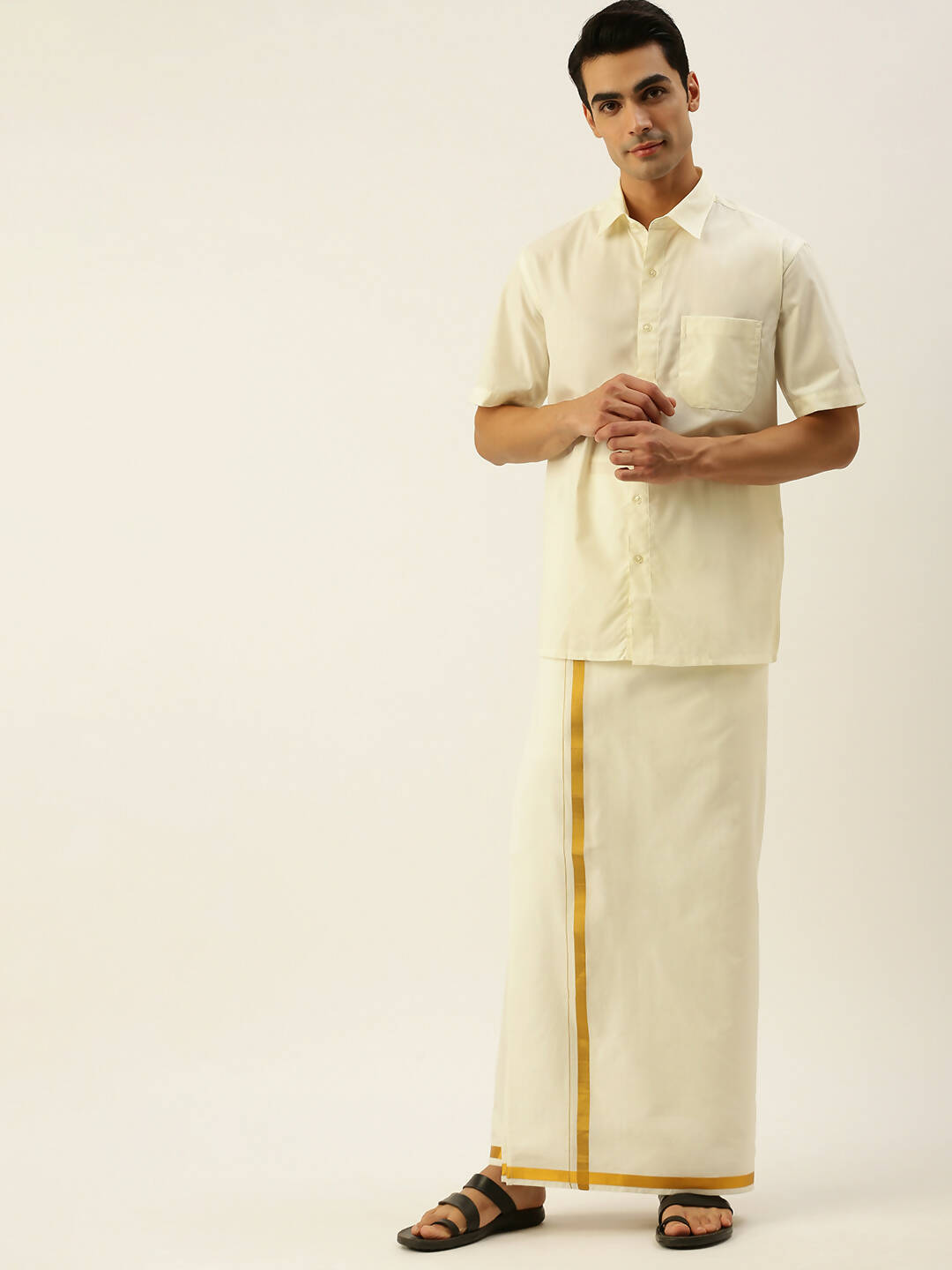 Ramraj Cotton Mens 1/2" Pure Cotton Dhoti Comes With Dhoti And Towel Set - Cream - Distacart