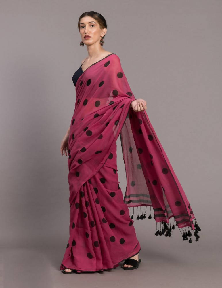 Suta Pink Black Polka Printed Pure Cotton Saree - Distacart