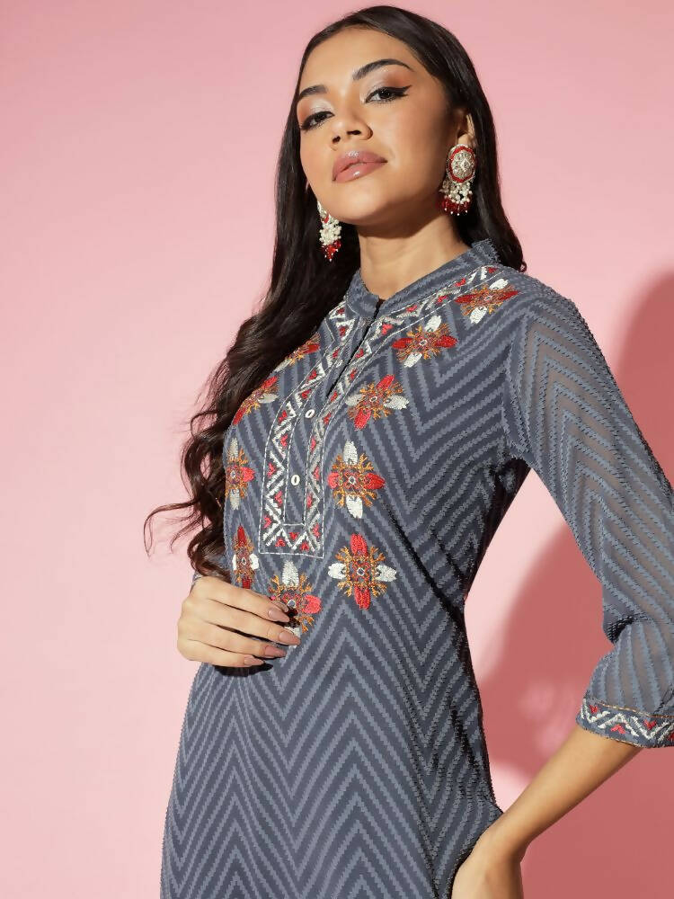 Myshka Women Grey Solid Georgette Straight V-Neck Kurtas - Distacart