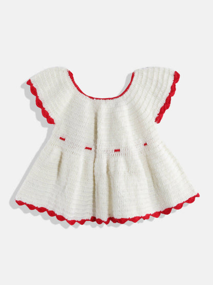 Chutput Kids Woollen Hand Knitted Full Sleeves Rosette Work Dress - White - Distacart