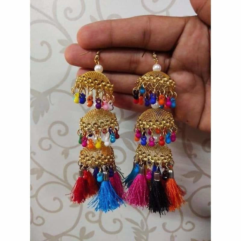 Traditional Gold Color Multicolor Pearls And Silk Threads Jhumka Earrings