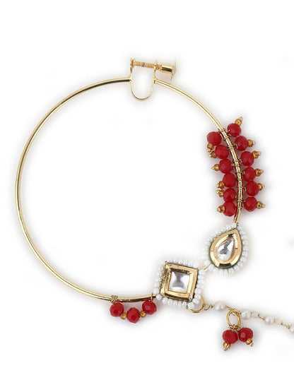 Gold-Plated White Red Stone-Studded Pearl Beaded Nosepin - Ruby Raang - Distacart