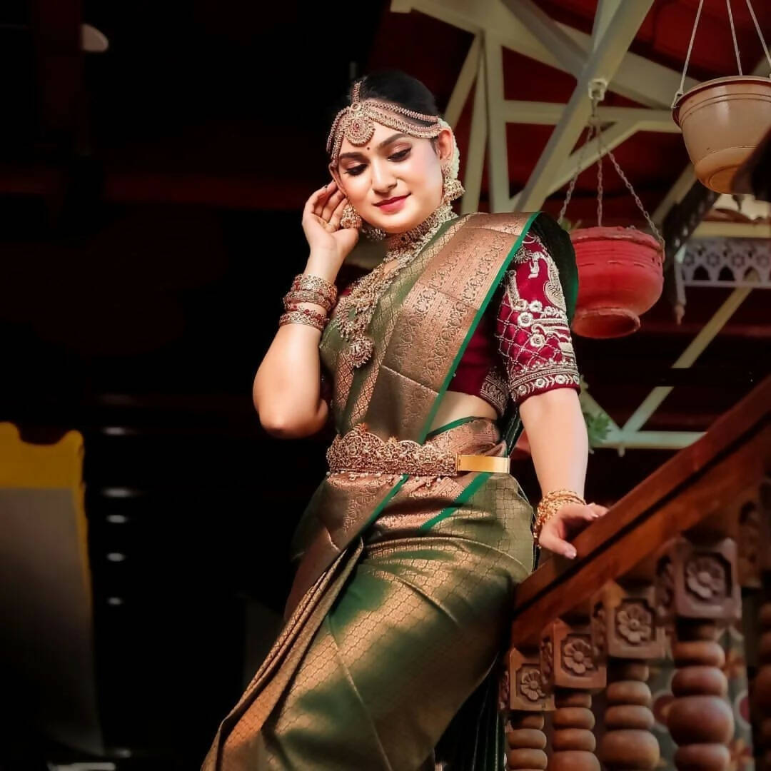 DEIANA'S Beautiful Golden Jari with New Design Soft Lichi Silk Saree - Green - Distacart