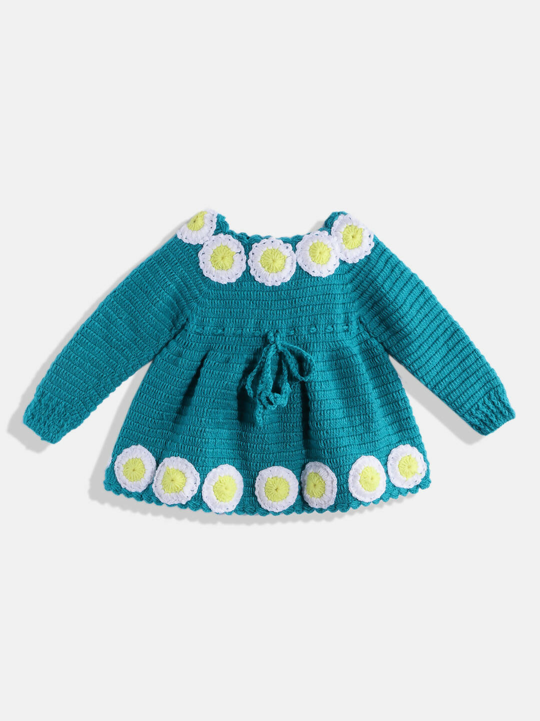 Chutput Kids Woollen Hand Knitted Full Sleeves Daisy Detail Dress - Sea Green - Distacart
