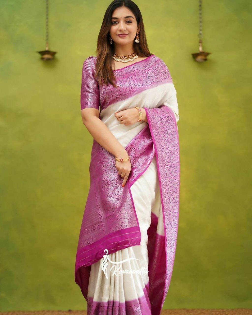 DEIANA'S Beautiful Golden Jari with New Design Soft Lichi Silk Saree - White - Distacart
