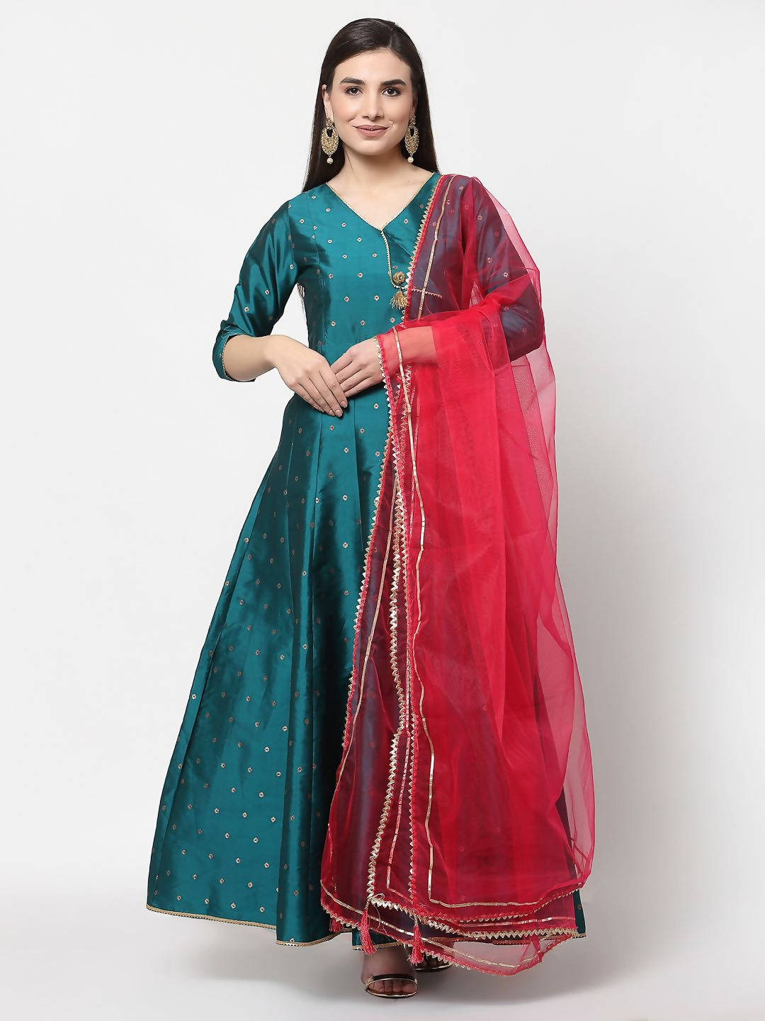 Myshka Green Silk Solid 3/4 Sleeve V Neck Casual Anarkali Kurta Dupatta Set