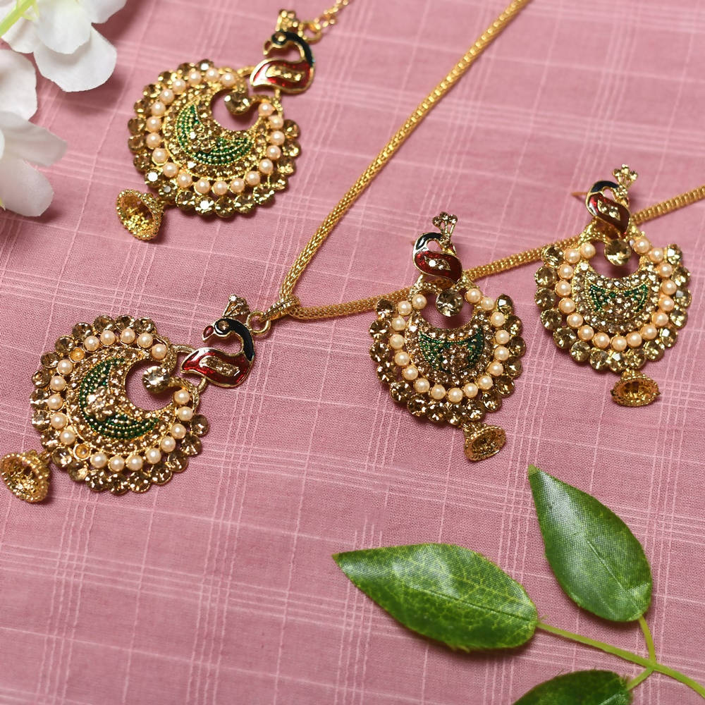 Tehzeeb Creations Peacock Design Multi Colour Chain Pendent And Earrings With Stone And Pearl Studded