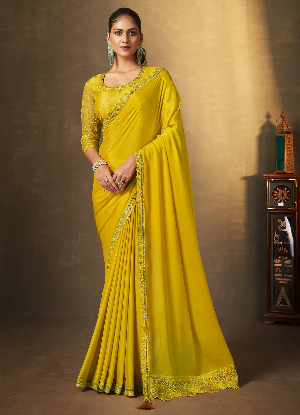 Mustard Satin Silk Floral Embroidered with Swaroski Work Saree With Unstitched Blouse Piece - Norita Royal Erisha - Distacart