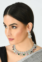 Thumbnail for Mominos Fashion Johar Kamal Women Silver-Plated American Diamond Multi Colour Choker Set - Distacart