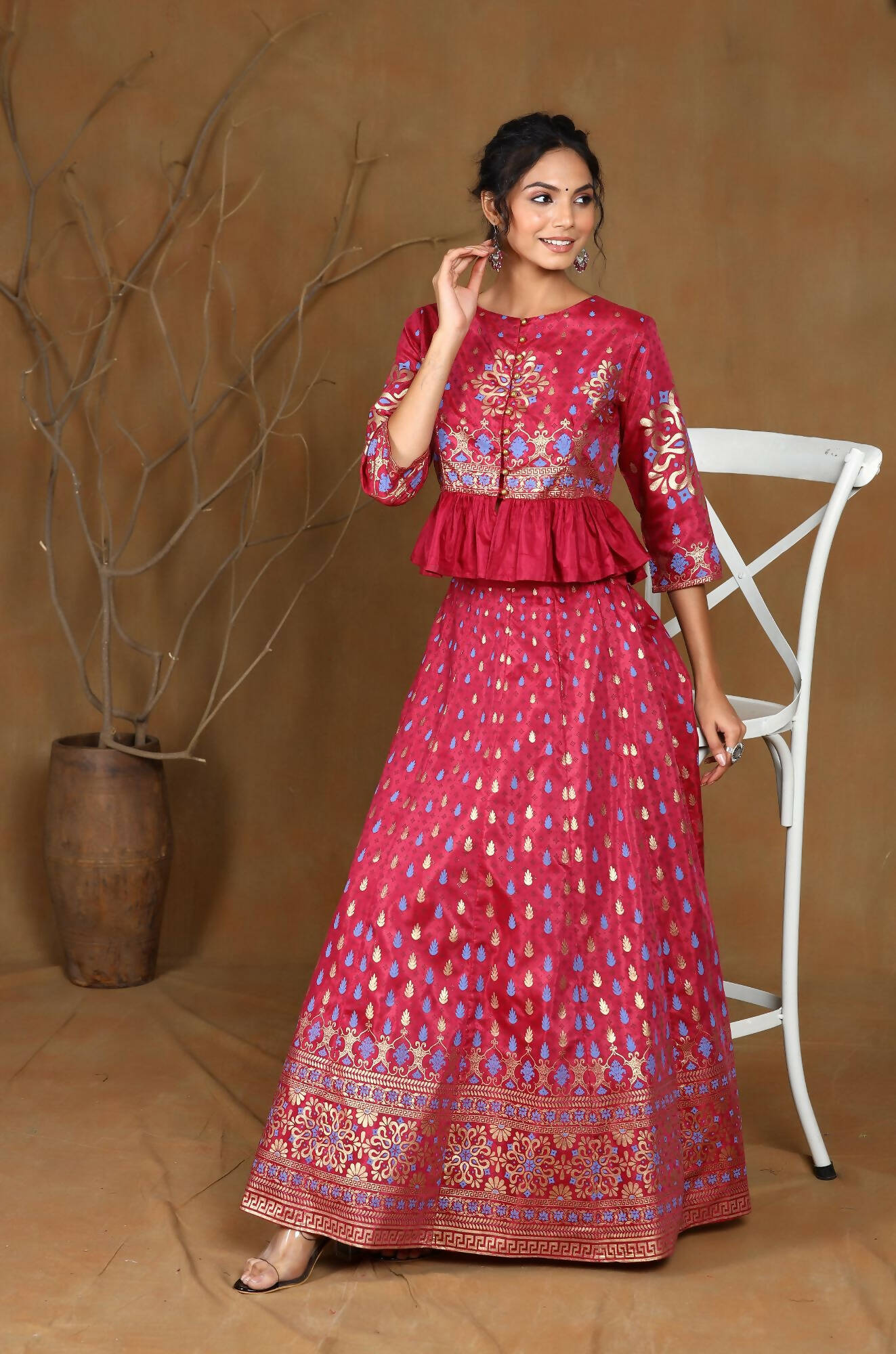 Juniper Women Burgundy Shantoon Printed Flared Lehenga Choli Sets - Distacart