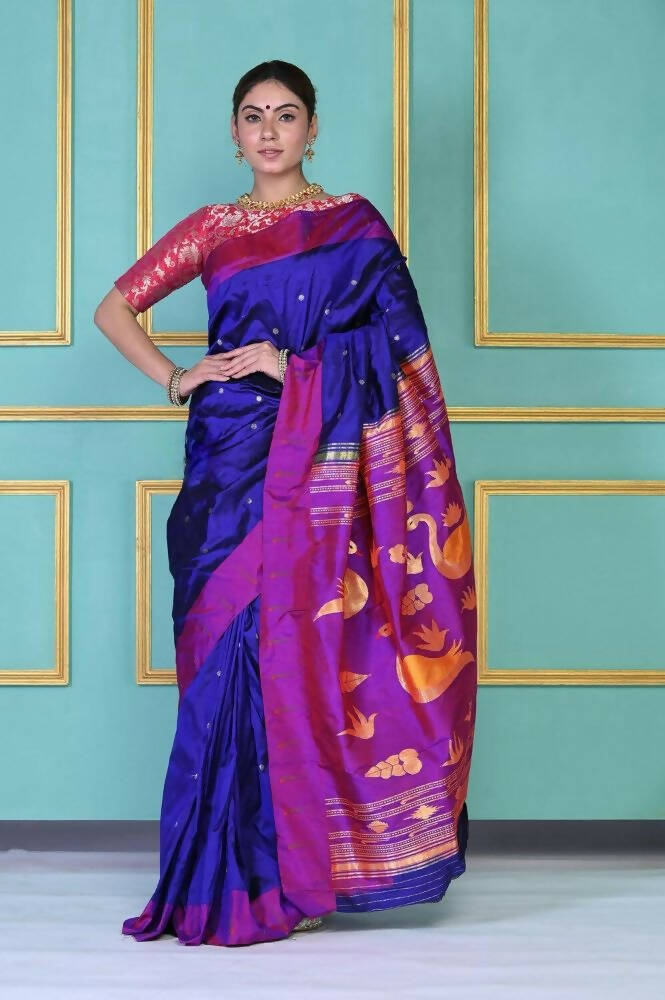 Very Much Indian Handloom Pure Silk Dark Violet Muniya Border Paithani - Distacart