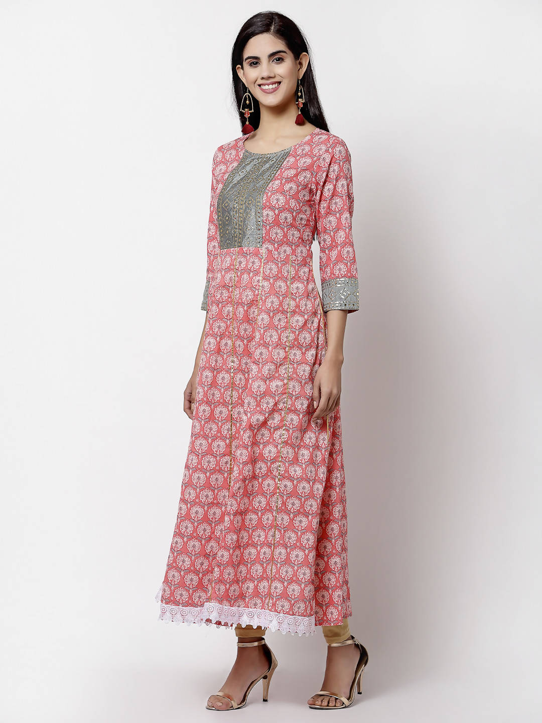 Myshka 3/4 Sleeve Pure Cotton Round Neck Printed Dress For Women