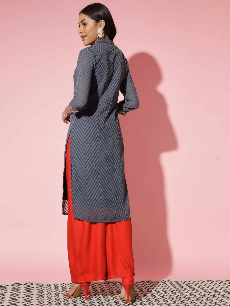 Myshka Women Grey Solid Georgette Straight V-Neck Kurtas - Distacart