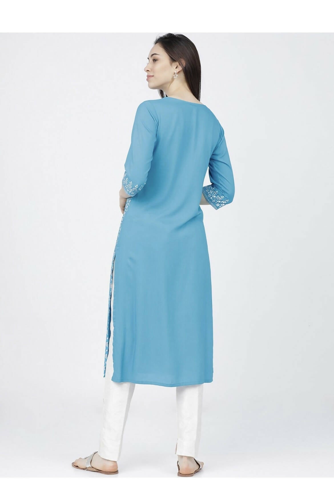 Cheera Embellished Daily Wear Cotton Blend Kurta - Sky Blue - Distacart