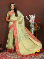 Thumbnail for Lorenvalley Fashion Seagreen Cotton Woven Design with Zari Weaving Design Saree - Distacart