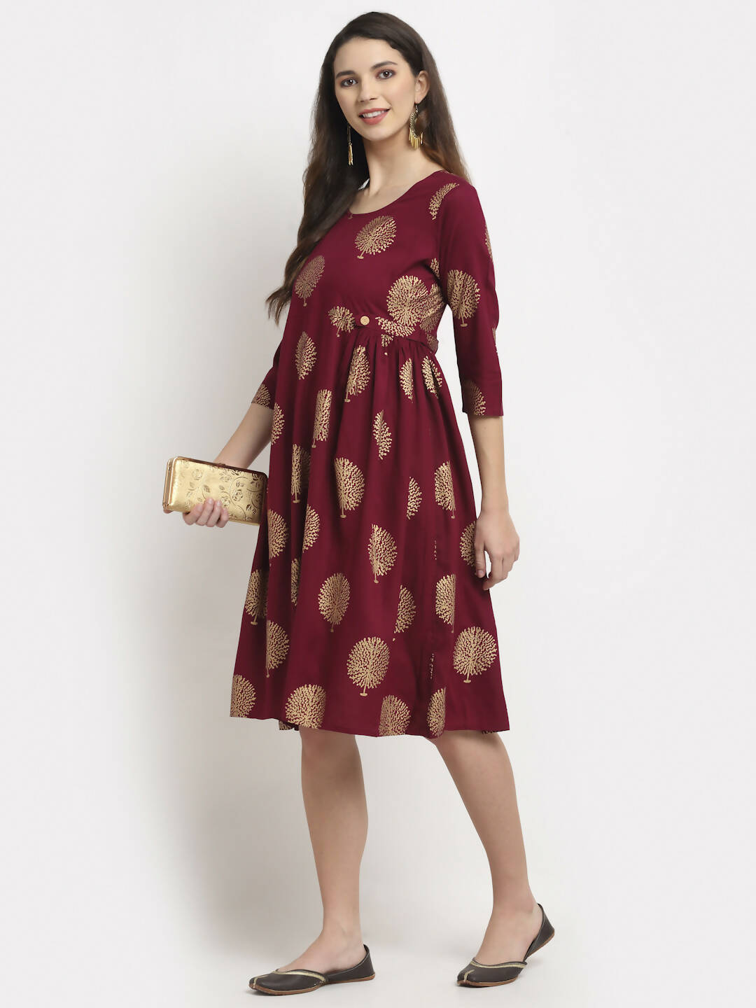 Rudra Bazaar Gold Boota Printed Wine Kurti - Distacart