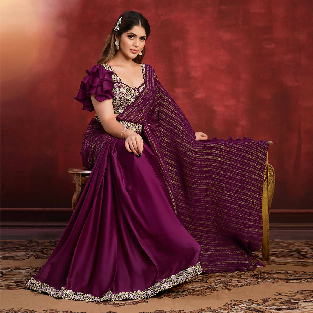 Magenta Crepe Satin Silk Sequence Thread & Stone Work/ Texture Pallu Saree - Mohmanthan Kimiya - Distacart
